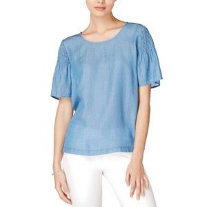 NWT‎ MAISON JULES Blue Chambray Pleated Casual Top Sz XS